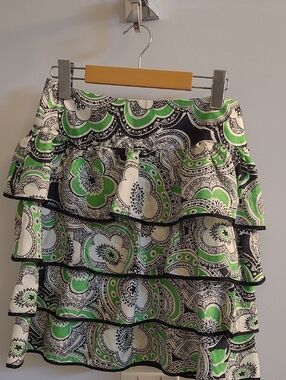 Collette Dinnigan Tiered Floral Print Skirt in Green and Black, XS